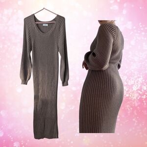 In Loom Brown Sweater Bodycon Maxi Dress Scoop Neck Oversize Sleeves Size L